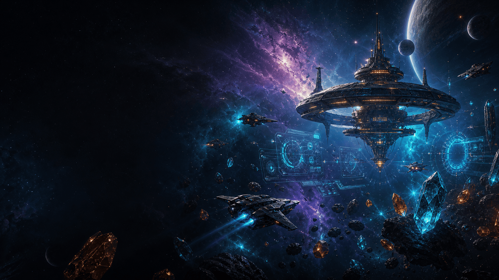 Stazione orbitale, nebulosa luminosa e interfacce olografiche in stile videogioco sci-fi